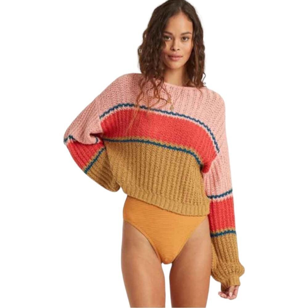 NWT Billabong Washed Out Cropped Stripped Open Knit Ballon Sleeve Sweater XS